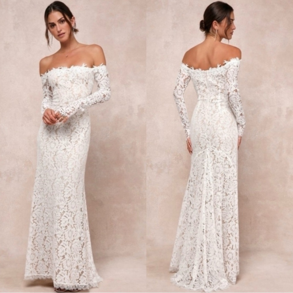 NWT Bridal Romance Dreamer White Lace Off-Shoulder Maxi Wedding Dress XS Lulus